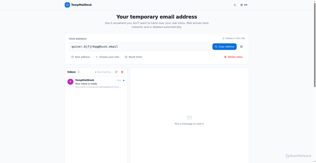 Security scan screenshot of https://tempmaildesk.com/