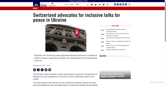 Security scan screenshot of https://www.plenglish.com/news/2025/11/23/switzerland-advocates-for-inclusive-talks-for-peace-in-ukraine/