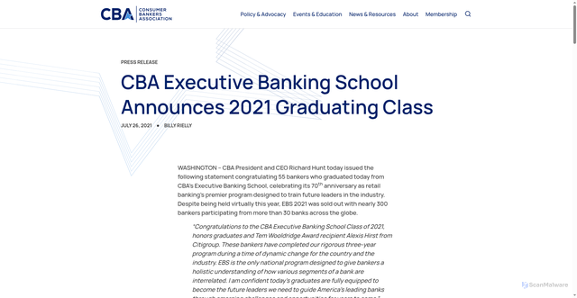 Security scan screenshot of https://consumerbankers.com/press-release/cba-executive-banking-school-announces-2021-graduating-class/