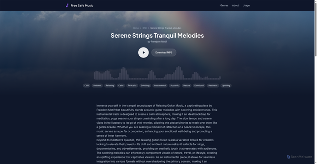 Security scan screenshot of https://freesafemusic.pages.dev/tracks/serene-strings-tranquil-melodies/