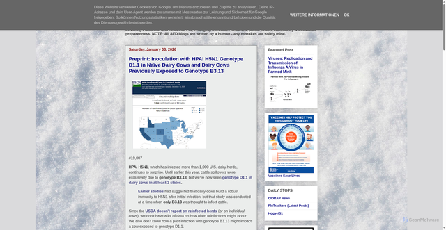 Security scan screenshot of https://afludiary.blogspot.com/2026/01/preprint-inoculation-with-hpai-h5n1.html