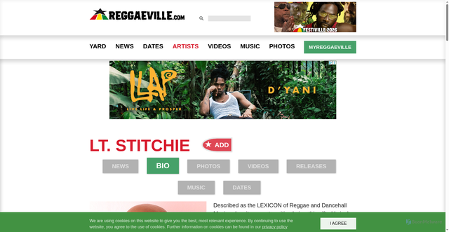 Security scan screenshot of https://www.reggaeville.com/artist-details/lt-stitchie/about/