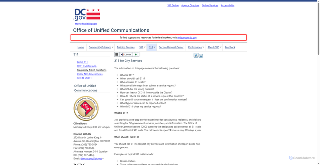 Security scan screenshot of https://ouc.dc.gov/page/311-city-services