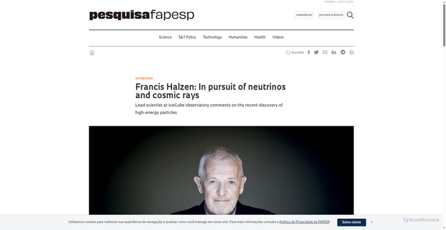 Security scan screenshot of https://revistapesquisa.fapesp.br/en/francis-halzen-in-pursuit-of-neutrinos-and-cosmic-rays/