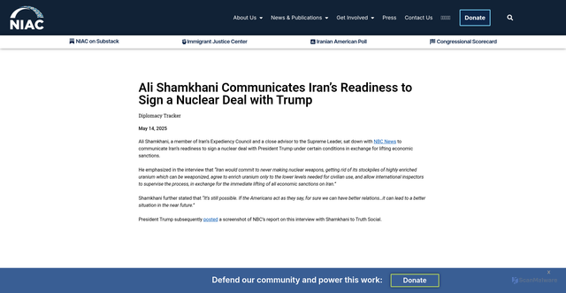 Security scan screenshot of https://niacouncil.org/ali-shamkhani-communicates-irans-readiness-to-sign-a-nuclear-deal-with-trump/
