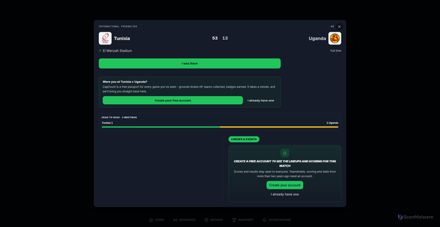 Security scan screenshot of https://cap-count.com/matches/8580716-tunisia-vs-uganda