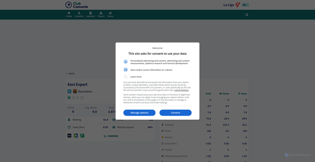 Security scan screenshot of https://clubcomunio.com/en/player/4008/xavi-espart/info