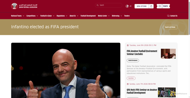 Security scan screenshot of https://www.qfa.qa/en/news/infantino-elected-as-fifa-president