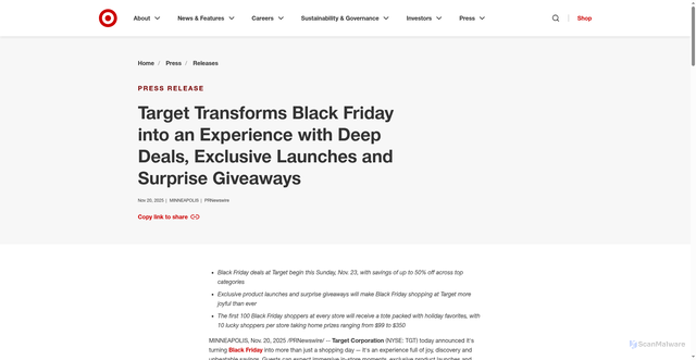 Security scan screenshot of https://corporate.target.com/press/release/2025/11/target-transforms-black-friday-into-an-experience-with-deep-deals,-exclusive-launches-and-surprise-g