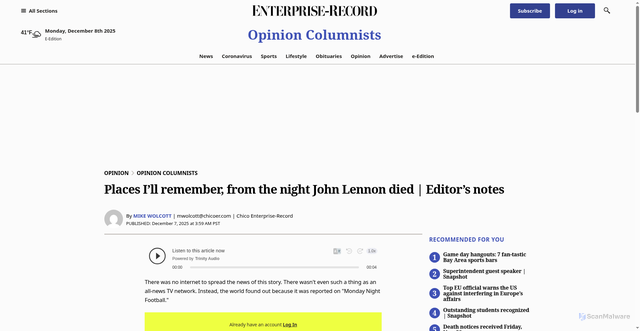 Security scan screenshot of https://www.chicoer.com/2025/12/07/places-ill-remember-from-the-night-john-lennon-died-editors-notes/