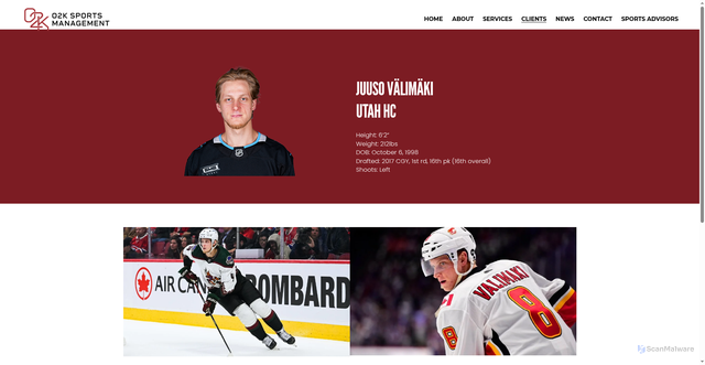 Security scan screenshot of https://www.o2kmanagement.com/current-players/juuso-valimaki