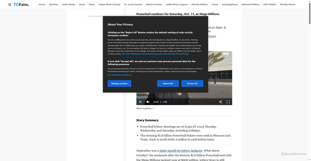 Security scan screenshot of https://www.tcpalm.com/story/news/2025/10/11/powerball-numbers-saturday-october-florida-winner/86635670007/