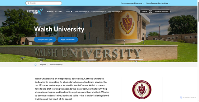 Security scan screenshot of https://www.commonapp.org/explore/walsh-university