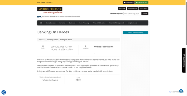 Security scan screenshot of https://emarquettebank.com/about-us/upcoming-events/banking-on-heroes