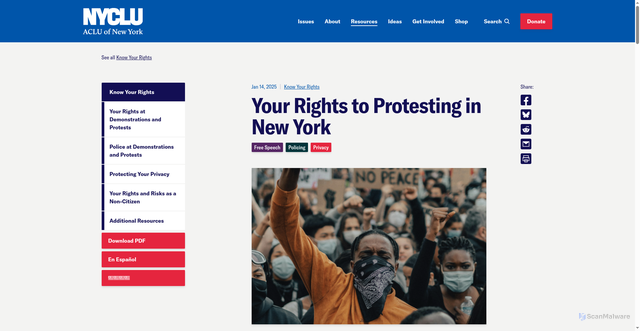 Security scan screenshot of https://www.nyclu.org/resources/know-your-rights/your-rights-to-protesting-in-new-york