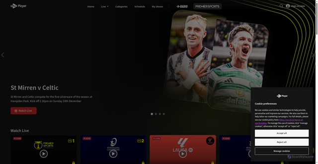 Security scan screenshot of https://player.stv.tv/premiersports