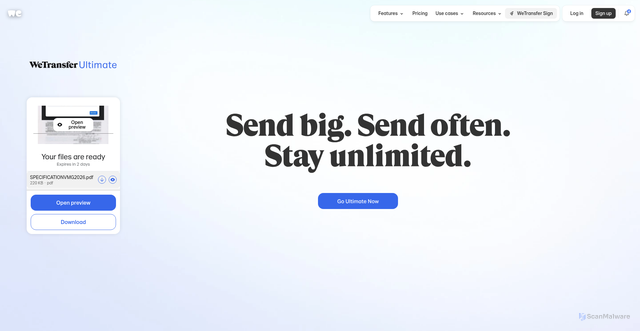 Security scan screenshot of https://wetransfer.com/downloads/57b2923335ad7fd32d9f4880762fa48020260421093749/07310a3555a86f2634e11ce4f89440b620260421093800/306665?trk=TRN_TDL_01&utm_campaign=TRN_TDL_01&utm_medium=email&utm_source=sendgrid