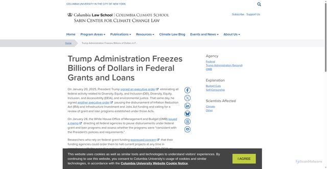 Security scan screenshot of https://climate.law.columbia.edu/content/trump-administration-freezes-billions-dollars-federal-grants-and-loans