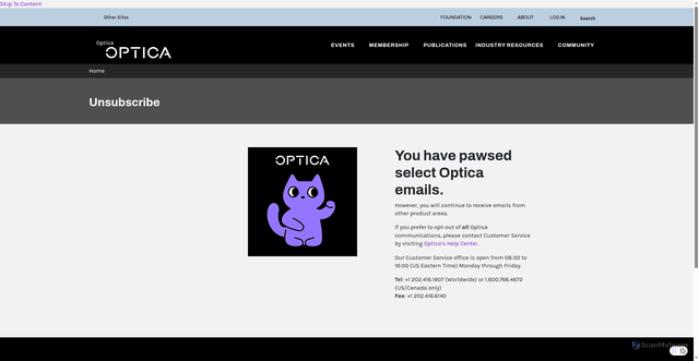 Security scan screenshot of https://www.optica.org/unsubscribe/unsubscribe/