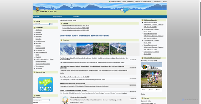 Security scan screenshot of https://www.comune.stelvio.bz.it/system/web/default.aspx