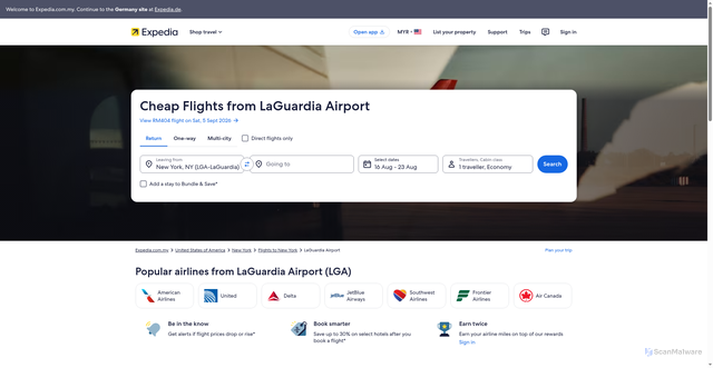 Security scan screenshot of https://www.expedia.com.my/lp/airports/lga/flights-from-laguardia-airport