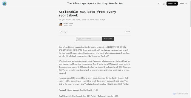 Security scan screenshot of https://fiddlespicks.substack.com/p/actionable-nba-bets-from-every-sportsbook