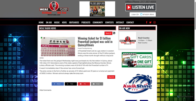 Security scan screenshot of https://wcazradio.com/wcaz-radio-news/927967/winning-ticket-for-1-billion-powerball-jackpot-was-sold-in-quincyillinois