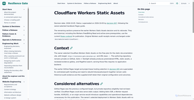 Security scan screenshot of https://resilience-gate-docs.pages.dev/reference/website/decisions/006-cloudflare-static-assets/
