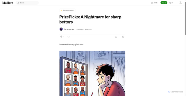 Security scan screenshot of https://paulconnollywriter.medium.com/prizepicks-a-nightmare-for-sharp-bettors-97a0b4a661a7