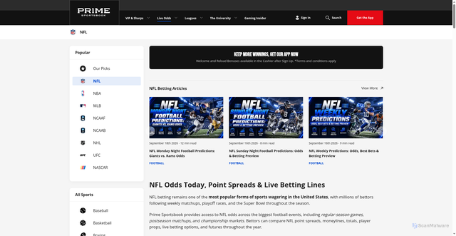 Security scan screenshot of https://www.primesportsbook.com/sports/football/nfl/