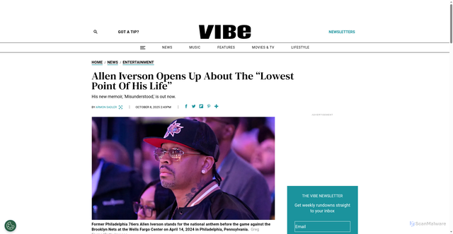 Security scan screenshot of https://www.vibe.com/news/entertainment/allen-iverson-talks-lowest-point-life-1235130908/
