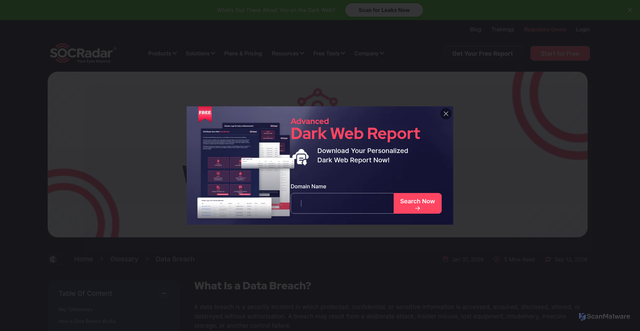 Security scan screenshot of https://socradar.io/glossary/data-breach/