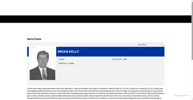 Security scan screenshot of https://gvsulakers.com/honors/hall-of-fame/brian-kelly/26