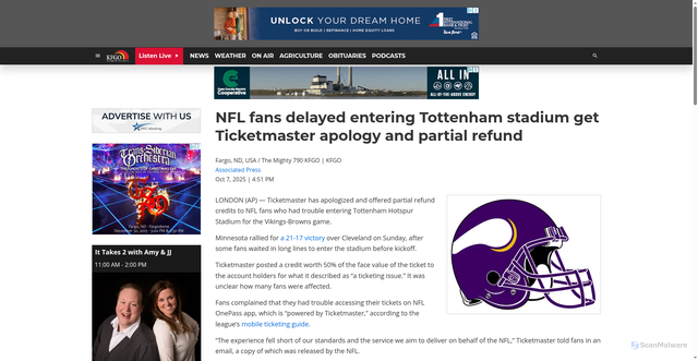 Security scan screenshot of https://kfgo.com/2025/10/07/nfl-fans-delayed-entering-tottenham-stadium-get-ticketmaster-apology-and-partial-refund/