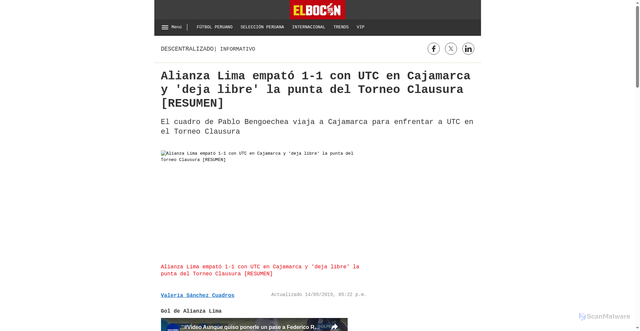 Security scan screenshot of https://elbocon.pe/futbol-peruano/descentralizado/alianza-lima-vs-utc-alineaciones-confirmadas-para-el-duelo-en-cajamarca-entre-grones-y-cajamarquinos-193537/