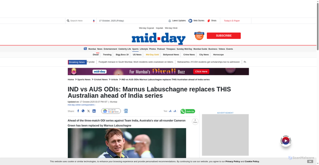 Security scan screenshot of https://www.mid-day.com/sports/cricket/article/ind-vs-aus-odis-marnus-labuschagne-replaces-cameron-green-in-australia-odi-squad-for-india-series-23599114