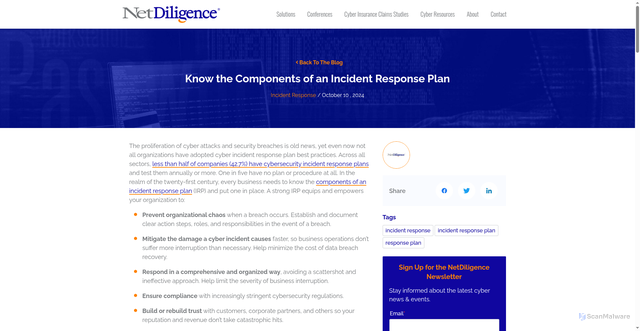 Security scan screenshot of https://netdiligence.com/blog/2024/10/cybersecurity-incident-response-plans/