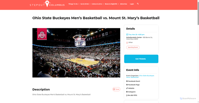 Security scan screenshot of https://stepoutcolumbus.com/event/ohio-state-buckeyes-mens-basketball-vs-mount-st-marys-basketball/