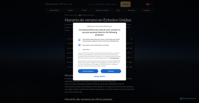Security scan screenshot of https://currentlocaltime.com/es/daylight-saving-time/united-states/