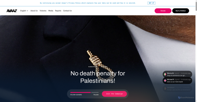 Security scan screenshot of https://secure.avaaz.org