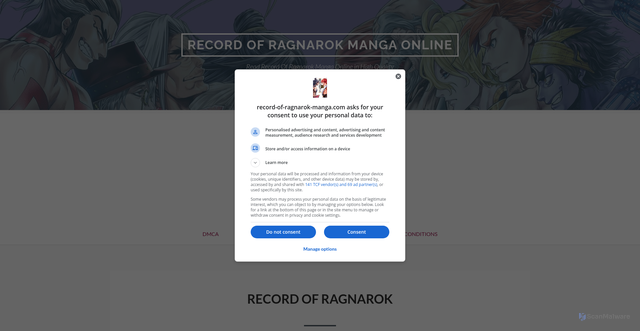 Security scan screenshot of https://w1.record-of-ragnarok-manga.com/