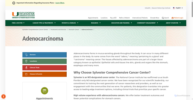 Security scan screenshot of https://umiamihealth.org/en/sylvester-comprehensive-cancer-center/treatments-and-services/stomach-cancer/adenocarcinoma