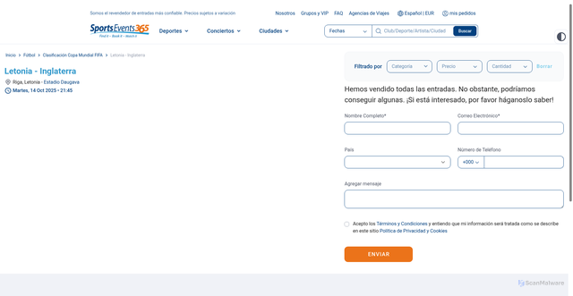 Security scan screenshot of https://www.sportsevents365.es/event/362944