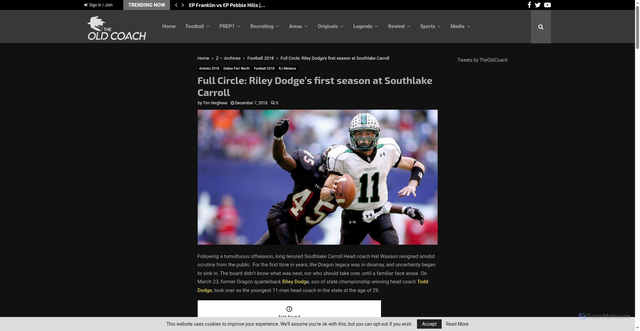 Security scan screenshot of https://theoldcoach.com/archives/football/full-circle-riley-dodges-first-season-at-southlake-carroll/