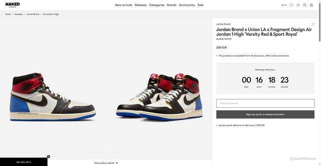 Security scan screenshot of https://nakedcph.com/products/jordan-brand-jordan-brand-x-union-la-x-fragment-design-air-jordan-1-high-varsity-red-sport-royal-black-white-io7847-002
