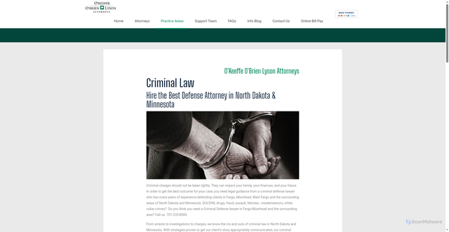 Security scan screenshot of https://www.okeeffeattorneys.com/criminal-defense-attorney-north-dakota/