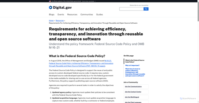 Security scan screenshot of https://digital.gov/resources/requirements-for-achieving-efficiency-transparency-and-innovation-through-reusable-and-open-source-software/