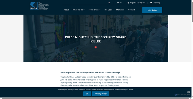 Security scan screenshot of https://icoca.ch/case-studies/pulse-nightclub-the-security-guard-killer-with-a-trail-of-red-flags/
