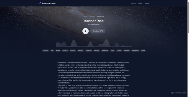 Security scan screenshot of https://freesafemusic.pages.dev/tracks/banner-rise/
