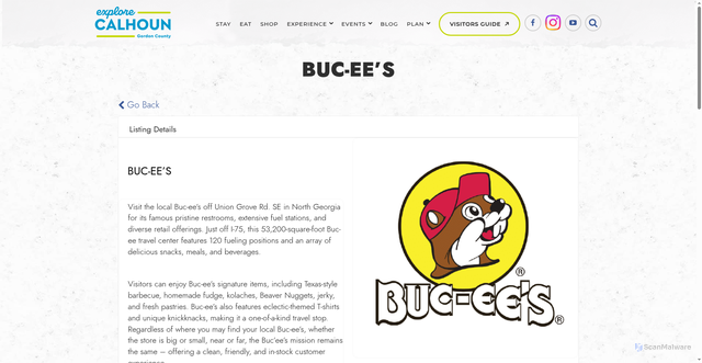 Security scan screenshot of https://explorecalhoungordon.com/directory/buc-ees/